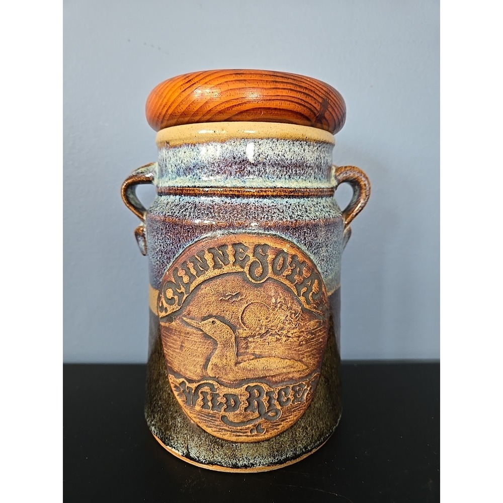 Minnesota Wild Rice Pottery Canister Signature Blue Glaze Jar Loon ‎ Duck Decor
